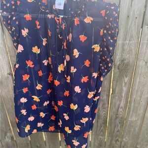 CAbi Navy Blouse with Orange Floral Print